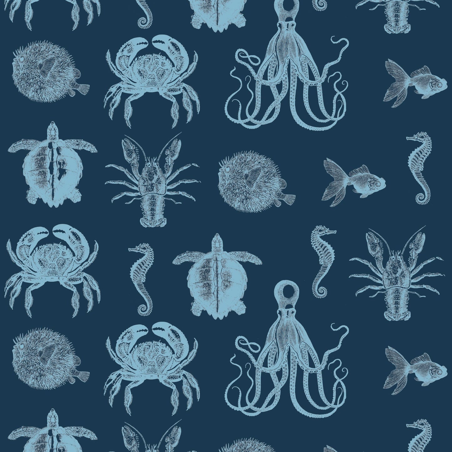SEA LIFE WALLPAPER SMALL SCALE INDIGO SAMPLE